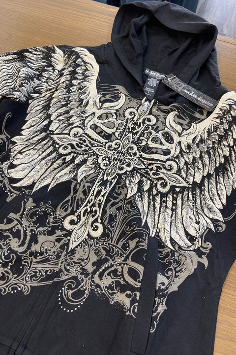 2000s Gothic Cross & Wing Rhinestone Print Front Zip-Up Hoodie Jacket