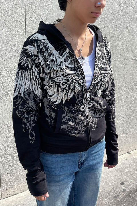 2000s Gothic Cross & Wing Rhinestone Print Front Zip-Up Hoodie Jacket