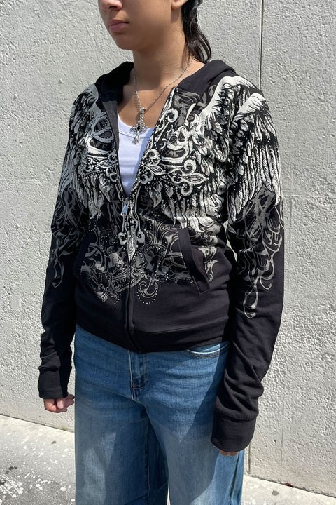 2000s Gothic Cross & Wing Rhinestone Print Front Zip-Up Hoodie Jacket