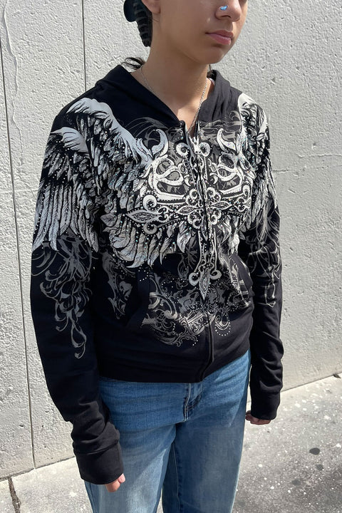 2000s Gothic Cross & Wing Rhinestone Print Front Zip-Up Hoodie Jacket