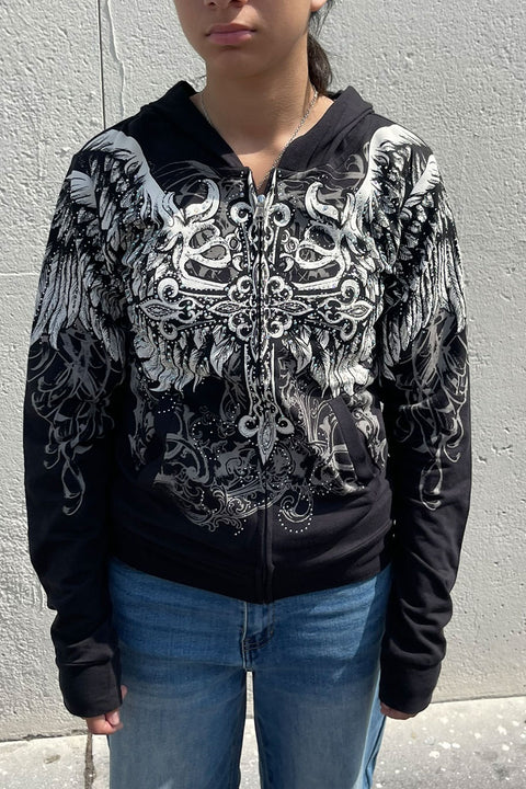 2000s Gothic Cross & Wing Rhinestone Print Front Zip-Up Hoodie Jacket
