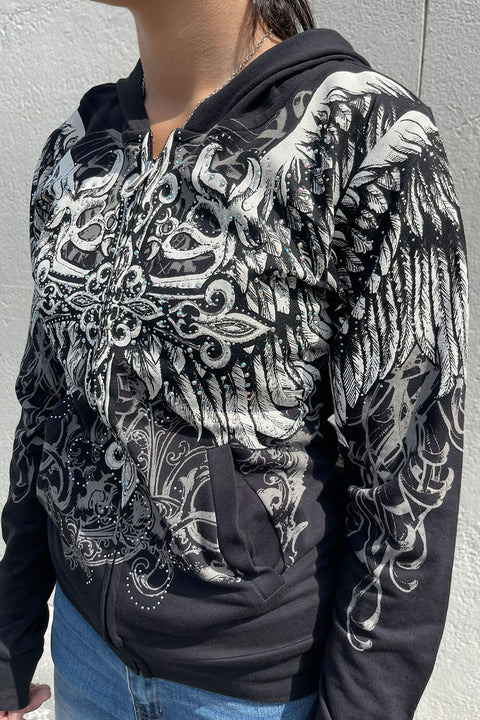 2000s Gothic Cross & Wing Rhinestone Print Front Zip-Up Hoodie Jacket