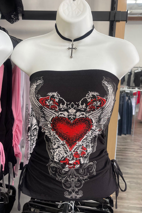 Y2K McBling Red Heart RhineStone Print Side Shirred Tube Top Black