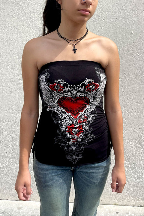 Y2K McBling Red Heart RhineStone Print Side Shirred Tube Top Black