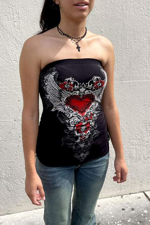 Y2K McBling Red Heart RhineStone Print Side Shirred Tube Top Black