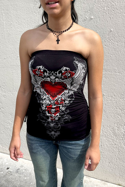 Y2K McBling Red Heart RhineStone Print Side Shirred Tube Top Black