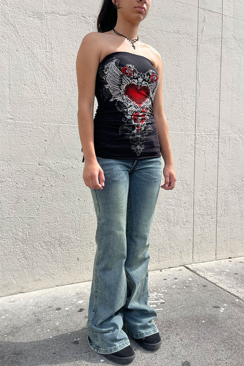 Y2K McBling Red Heart RhineStone Print Side Shirred Tube Top Black