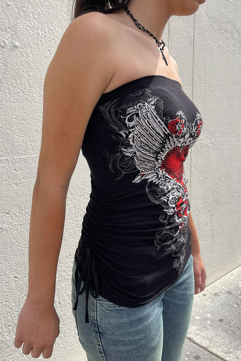 Y2K McBling Red Heart RhineStone Print Side Shirred Tube Top Black