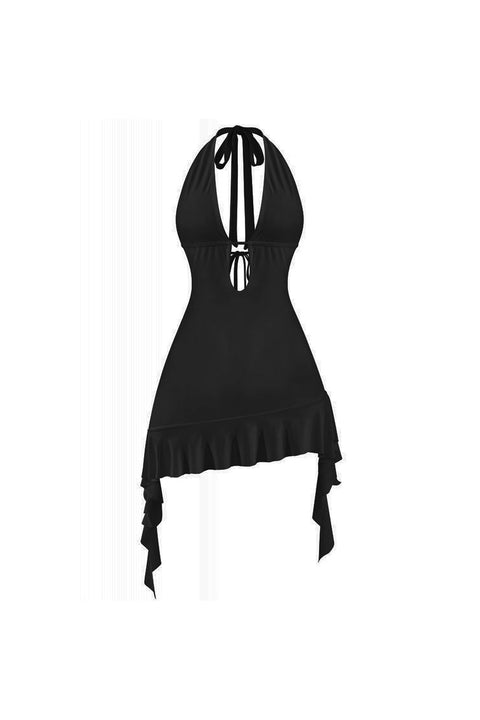 Tresser™ Sleeveless Deep V-Neck Halter Ruffled Mini Dress