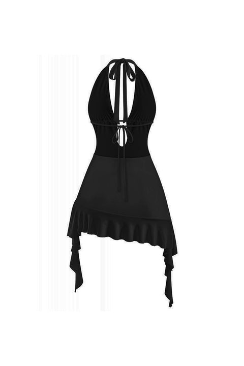 Tresser™ Sleeveless Deep V-Neck Halter Ruffled Mini Dress