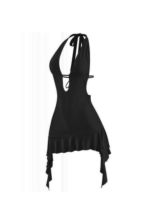 Tresser™ Sleeveless Deep V-Neck Halter Ruffled Mini Dress