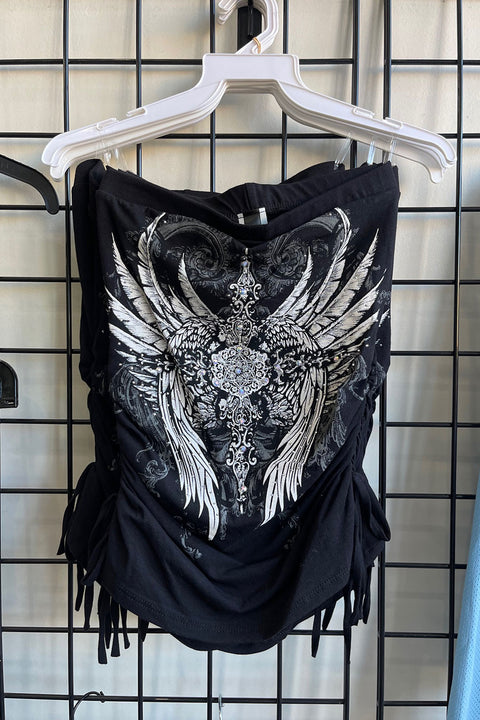 Y2K McBling Pierce Cross & Angel Wing RhineStone Print Side Shirred Tube Top