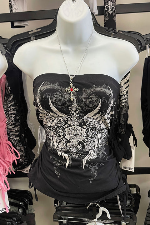 Y2K McBling Pierce Cross & Angel Wing RhineStone Print Side Shirred Tube Top