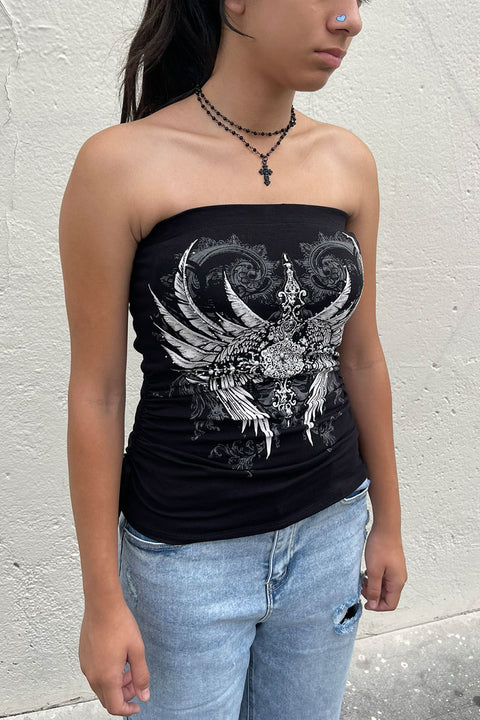 Y2K McBling Pierce Cross & Angel Wing RhineStone Print Side Shirred Tube Top