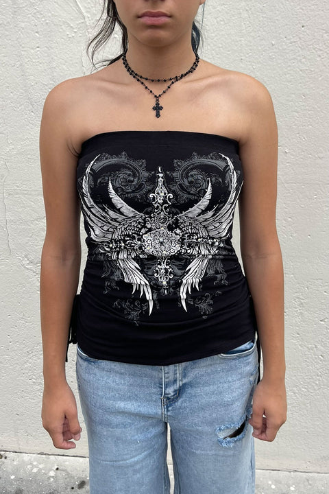 Y2K McBling Pierce Cross & Angel Wing RhineStone Print Side Shirred Tube Top