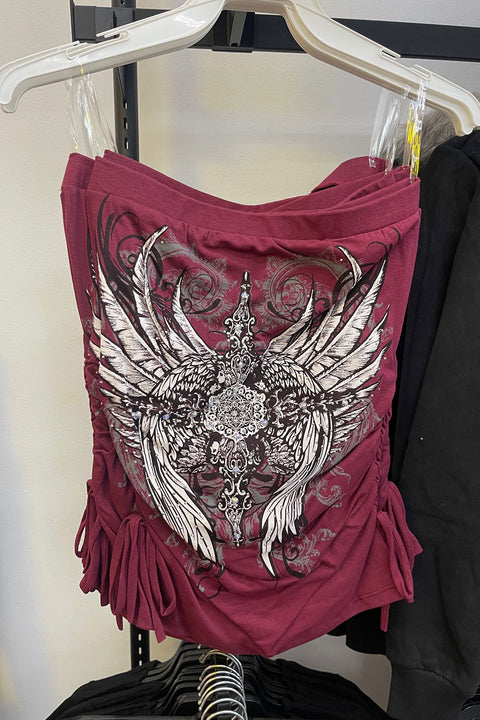 Y2K McBling Pierce Cross & Angel Wing RhineStone Print Side Shirred Tube Top