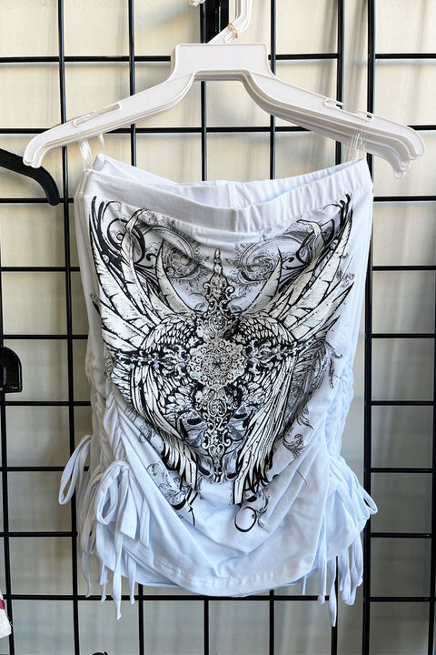 Y2K McBling Pierce Cross & Angel Wing RhineStone Print Side Shirred Tube Top