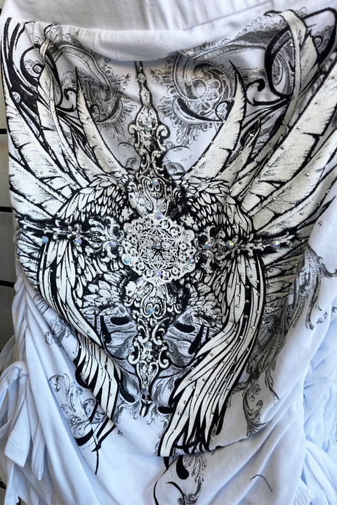Y2K McBling Pierce Cross & Angel Wing RhineStone Print Side Shirred Tube Top
