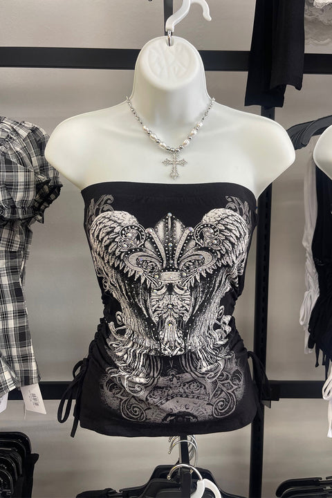 Y2K McBling Fleur De Lis Graphic RhineStone Print Side Shirred Tube Top