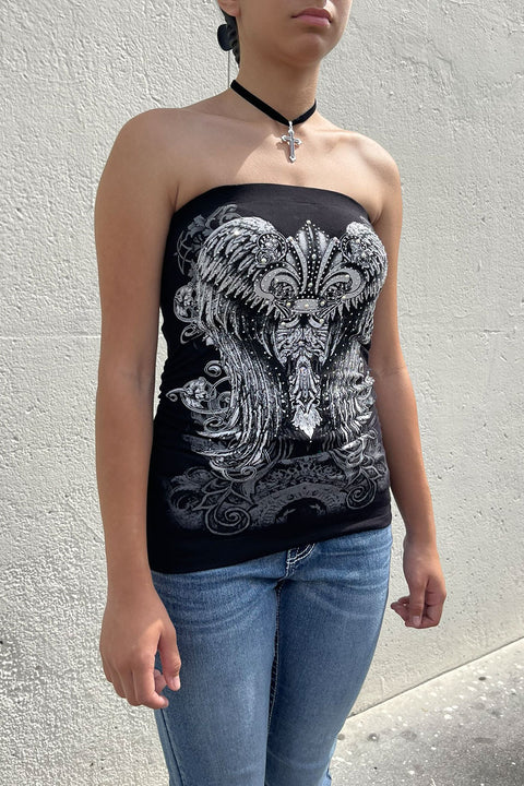 Y2K McBling Fleur De Lis Graphic RhineStone Print Side Shirred Tube Top