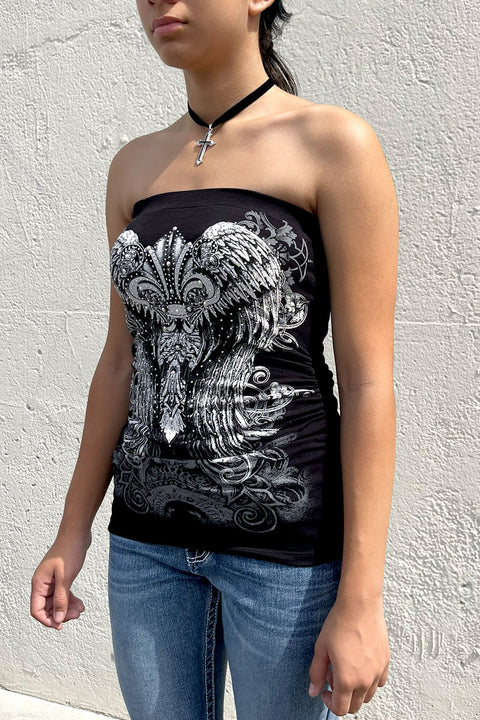 Y2K McBling Fleur De Lis Graphic RhineStone Print Side Shirred Tube Top