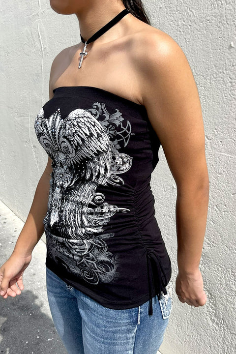 Y2K McBling Fleur De Lis Graphic RhineStone Print Side Shirred Tube Top