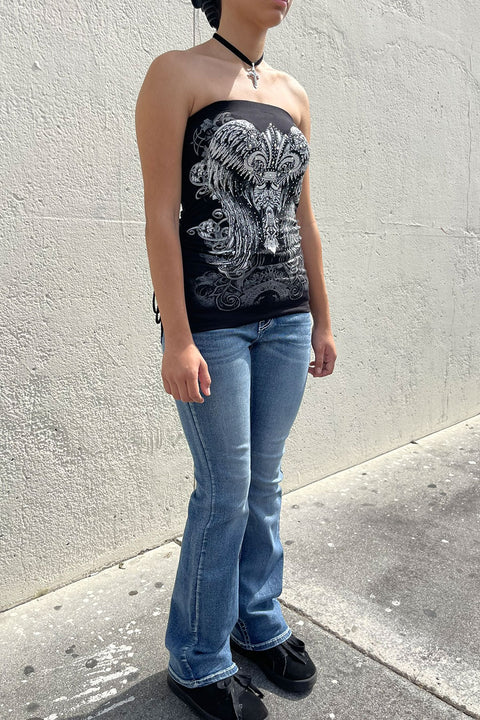 Y2K McBling Fleur De Lis Graphic RhineStone Print Side Shirred Tube Top