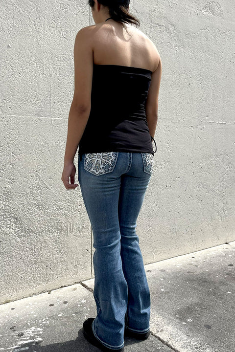 Y2K McBling Fleur De Lis Graphic RhineStone Print Side Shirred Tube Top