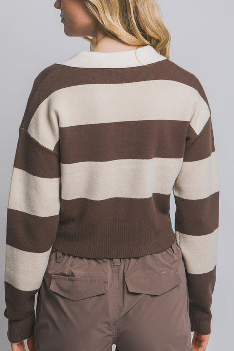 Stripe Polo Wide Stripe Long Sleeve Varsity Sweater Top