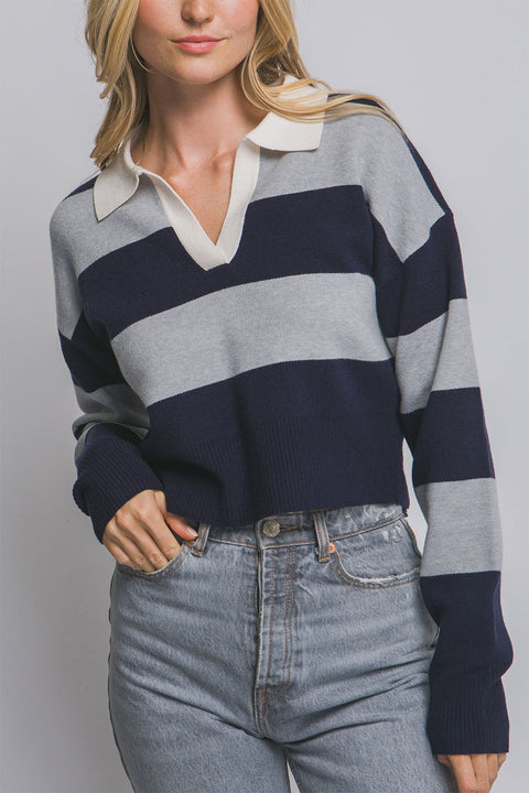 Stripe Polo Wide Stripe Long Sleeve Varsity Sweater Top