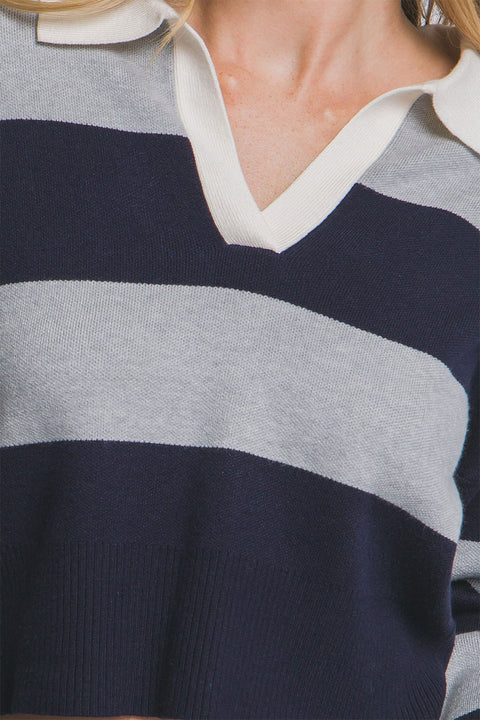 Stripe Polo Wide Stripe Long Sleeve Varsity Sweater Top