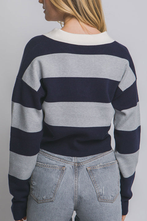 Stripe Polo Wide Stripe Long Sleeve Varsity Sweater Top