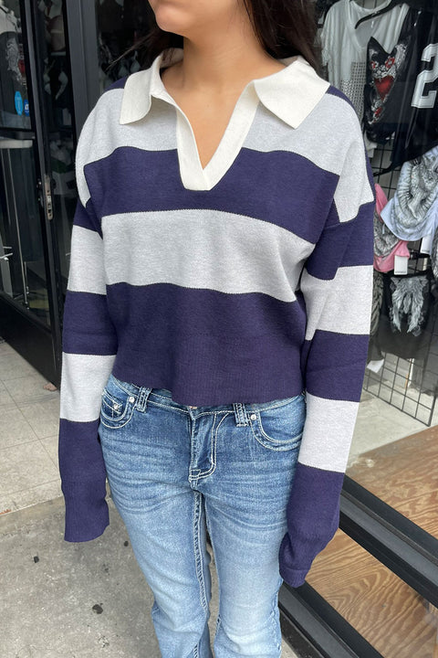 Stripe Polo Wide Stripe Long Sleeve Varsity Sweater Top