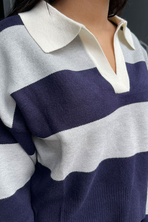 Stripe Polo Wide Stripe Long Sleeve Varsity Sweater Top