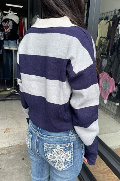 Stripe Polo Wide Stripe Long Sleeve Varsity Sweater Top