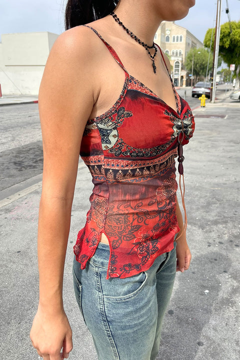 2000s Bohemian Print Beaded Mesh Halter Tube Top