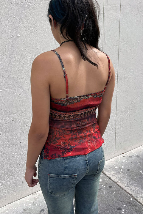 2000s Bohemian Print Beaded Mesh Halter Tube Top