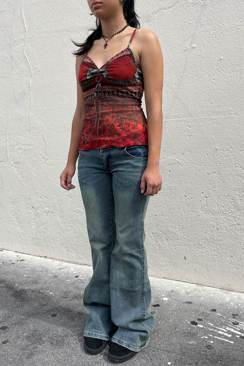 2000s Bohemian Print Beaded Mesh Halter Tube Top