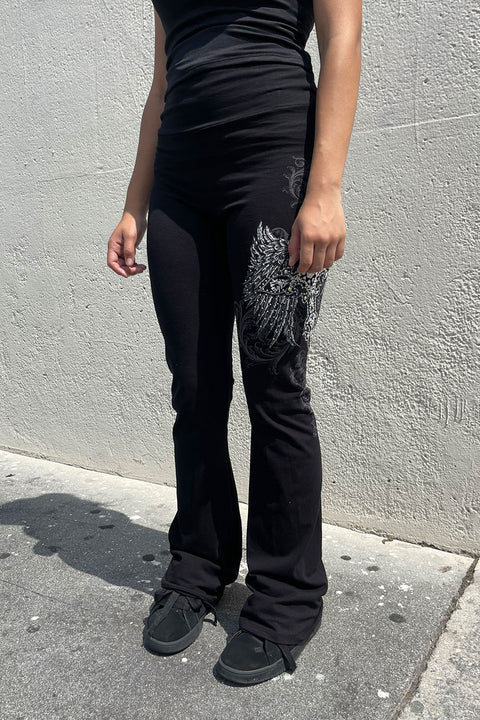 Y2K McBling Cross & Wing Graphic Rhinestone Print Fold-Over Flare Pants