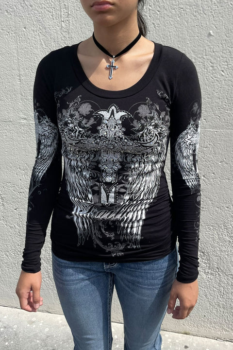 Y2K McBling Cross & Wing Graphic Rhinestone Print Side Shirred Long Sleeve T-Shirt