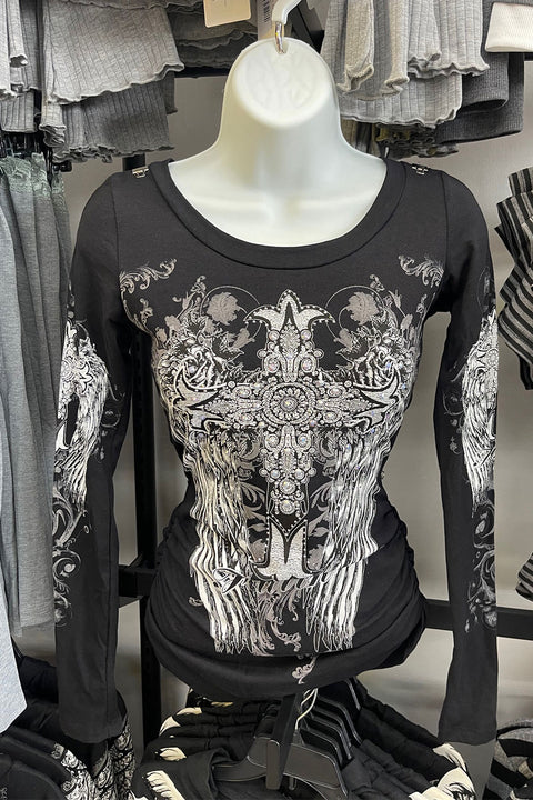 Y2K McBling Cross & Wing Graphic Rhinestone Print Side Shirred Long Sleeve T-Shirt