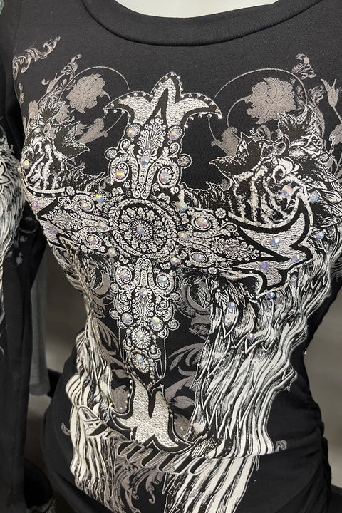 Y2K McBling Cross & Wing Graphic Rhinestone Print Side Shirred Long Sleeve T-Shirt