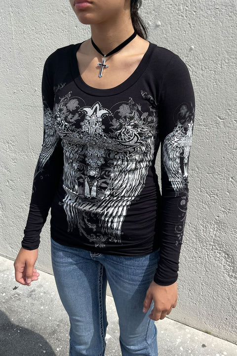 Y2K McBling Cross & Wing Graphic Rhinestone Print Side Shirred Long Sleeve T-Shirt