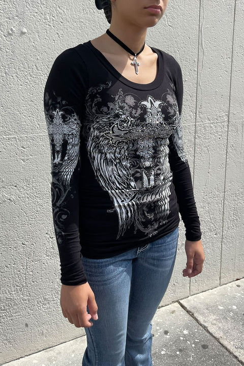 Y2K McBling Cross & Wing Graphic Rhinestone Print Side Shirred Long Sleeve T-Shirt