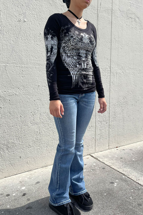 Y2K McBling Cross & Wing Graphic Rhinestone Print Side Shirred Long Sleeve T-Shirt