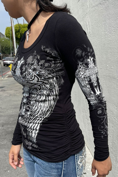 Y2K McBling Cross & Wing Graphic Rhinestone Print Side Shirred Long Sleeve T-Shirt