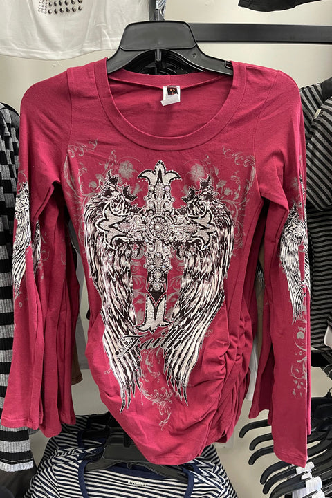 Y2K McBling Cross & Wing Graphic Rhinestone Print Side Shirred Long Sleeve T-Shirt