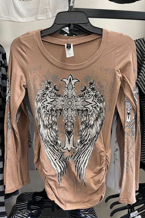 Y2K McBling Cross & Wing Graphic Rhinestone Print Side Shirred Long Sleeve T-Shirt