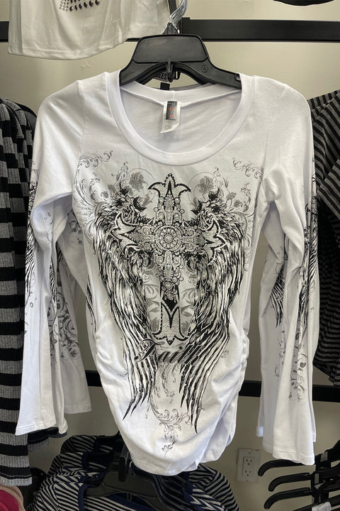 Y2K McBling Cross & Wing Graphic Rhinestone Print Side Shirred Long Sleeve T-Shirt