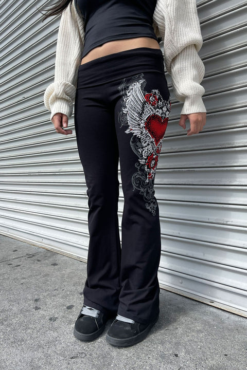 Y2K McBling Red Heart Graphic Rhinestone Print Fold-Over Flare Pants